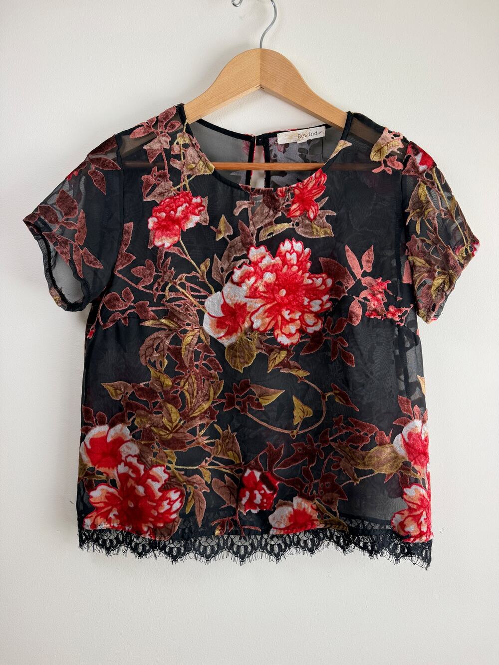 Rewind Floral Burnout Velvet Mesh Blouse Black Red Lace Trim Top M Dark Romantic